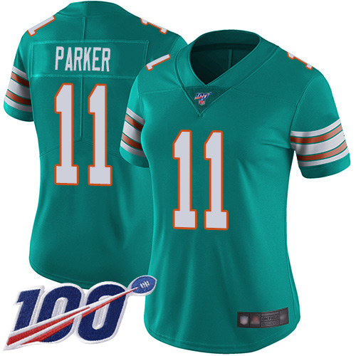 Nike Miami Dolphins #11 DeVante Parker Aqua Green Alternate Women Stitched NFL 100th Season Vapor Limited Jersey->women nfl jersey->Women Jersey